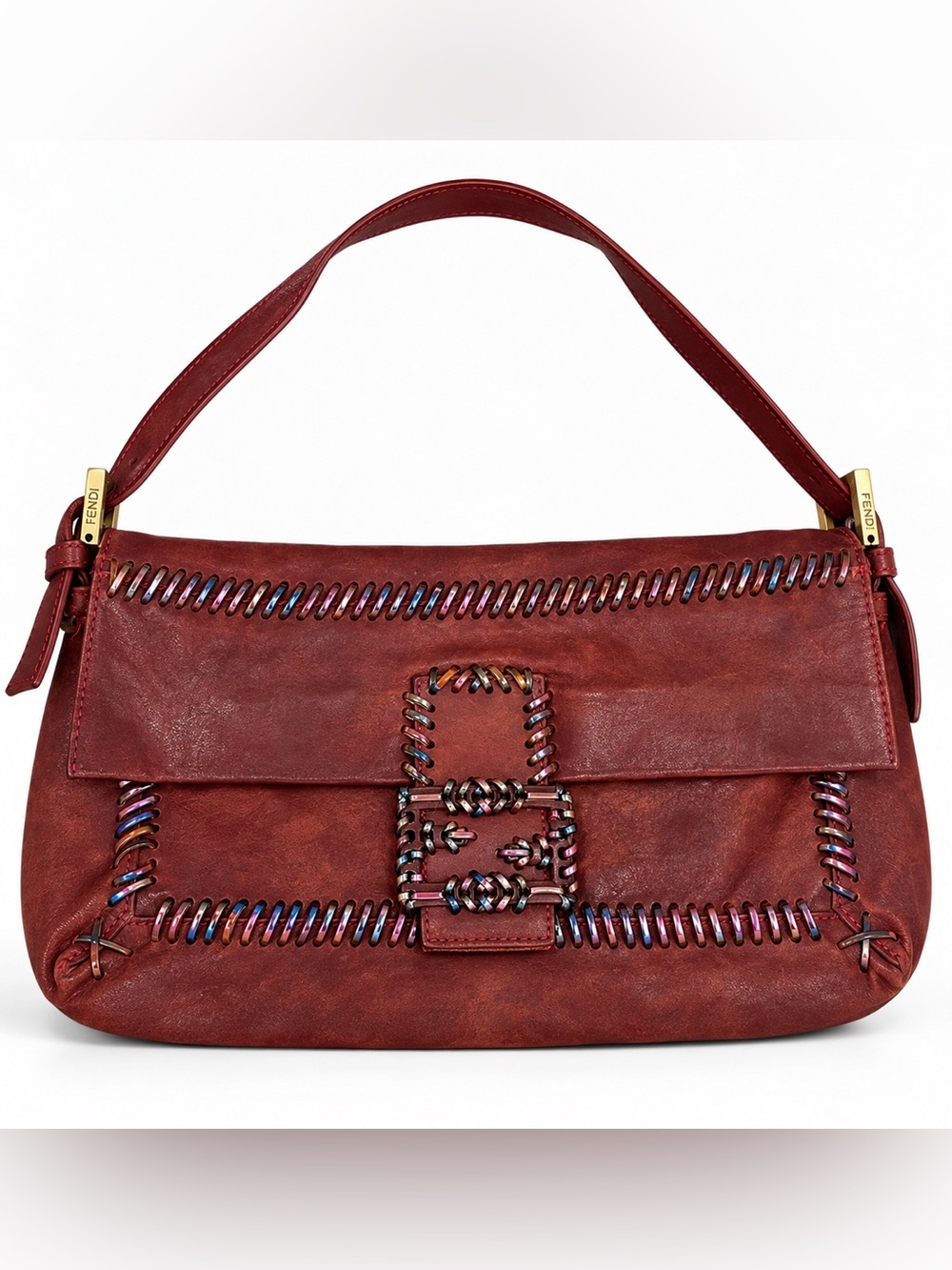 Vintage XL Fendi FF Logo Baguette Leather Iridescent Whipstitch Shoulder Bag